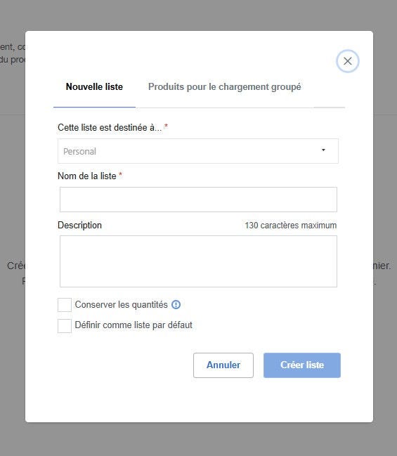 New List creation window on Fisher Scientific's website. Includes tabs for 'New List' and 'Bulk Upload Products'. Form has fields for list details, checkboxes for options, and buttons for canceling or creating the list.