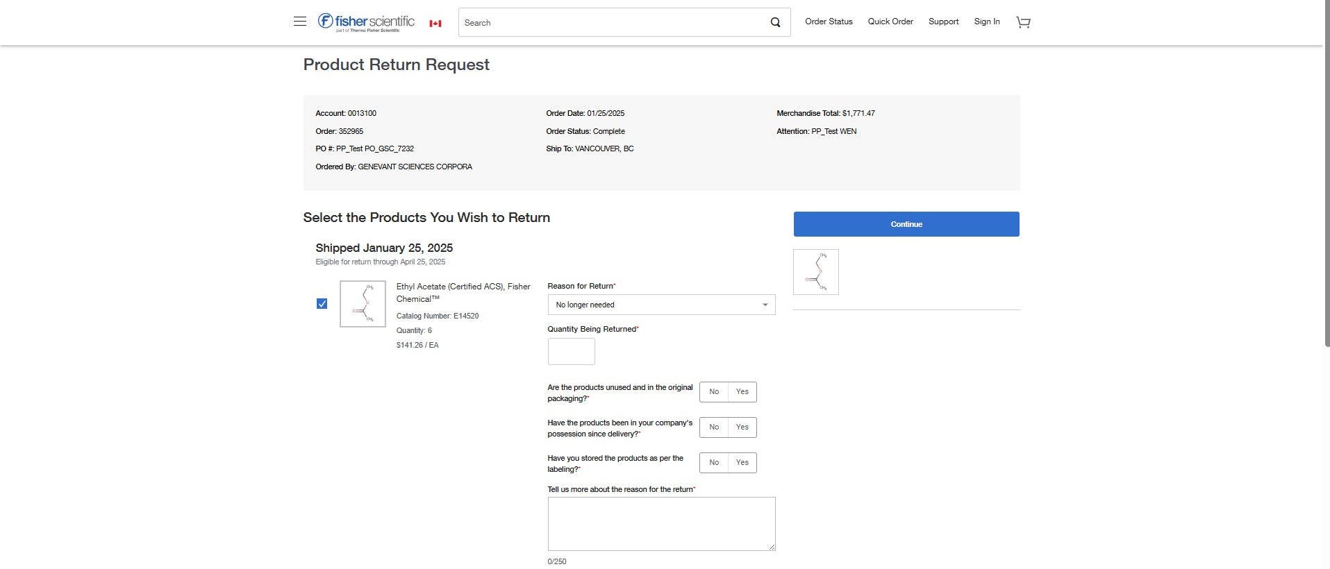 Select the Products You Wish to Return page on Fisher Scientific's website with shipping info, return eligibility, and return restrictions. Includes fields for reason, quantity, product condition, and photo upload. 'Continue' button at the top right.