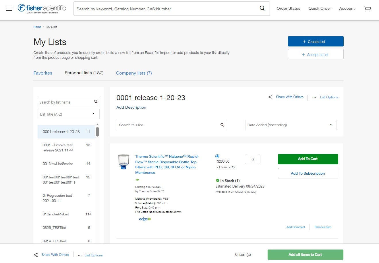 My Lists page on Fisher Scientific's website for creating and managing product lists. Includes tabs for favorites, personal lists, and company lists. Options to search, sort, share, and manage lists. Buttons for creating, accepting, and adding all items to cart.