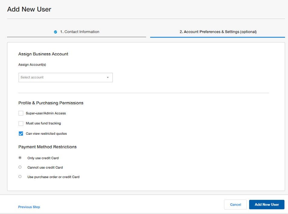 Add New User page on Fisher Scientific's website, showing account preferences and settings. Includes sections for business account, permissions, and payment method restrictions. Buttons for navigating steps.