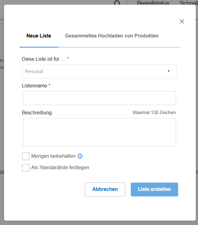 New List creation window on Fisher Scientific's website. Includes tabs for 'New List' and 'Bulk Upload Products'. Form has fields for list details, checkboxes for options, and buttons for canceling or creating the list.