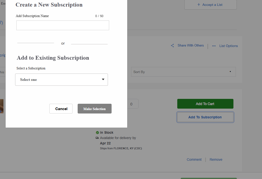 Create a New Subscription popup on Fisher Scientific's website with sections for adding a new subscription or selecting an existing one. Includes buttons for canceling and making a selection.