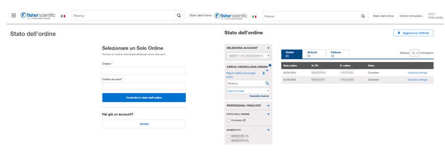 Order Status page on Fisher Scientific's website for checking a single order. Includes input fields for order number and zip code, and a button to check order status. Sign In option is available.
