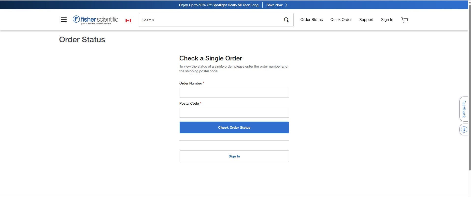 Order Status page on Fisher Scientific's website for checking a single order. Includes input fields for order number and zip code, and a button to check order status. Sign In option is available.