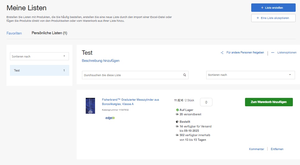 My Lists page on Fisher Scientific's website for creating and managing product lists. Includes tabs for favorites, personal lists, and company lists. Options to add descriptions, search, sort, share, and manage lists. Buttons for adding to cart or subscription.