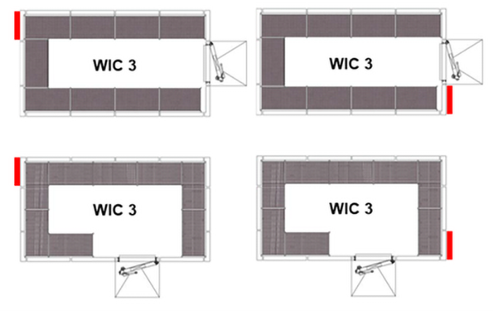 Abbildung 2: Optionen für die Platzierung von Klimagerät und Tür an einem BINDER™-Schrank Modell WIC 3